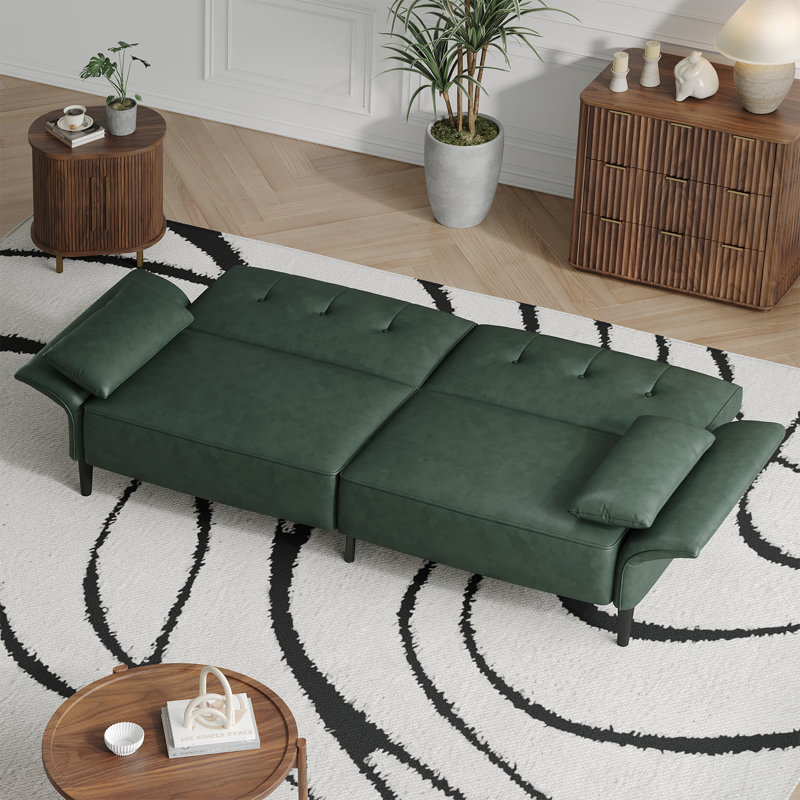 89" Faux Leather Convertible Sofa Couch with 2 Square Pillows,Adjustable Backrest& Armrests, Green