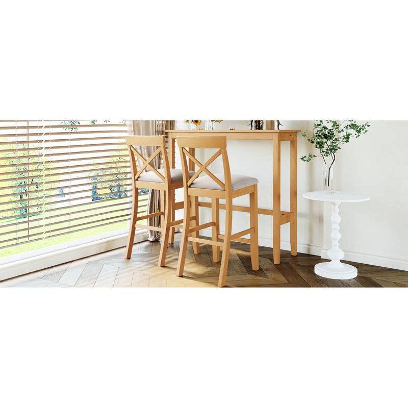 Ensemble repas avec 2 chaises de bar et table rectangulaire de 122 cm, idéal pour les petits espaces, couleur naturel et beige, structure robuste, repose-pieds pour un confort optimal