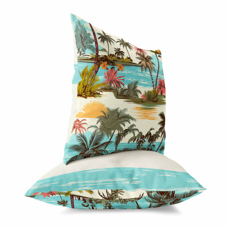 Coussin décoratif réversible intérieur / extérieur Tropical Beach, H 26 po x l 26 po, Bleu / brun / rose
