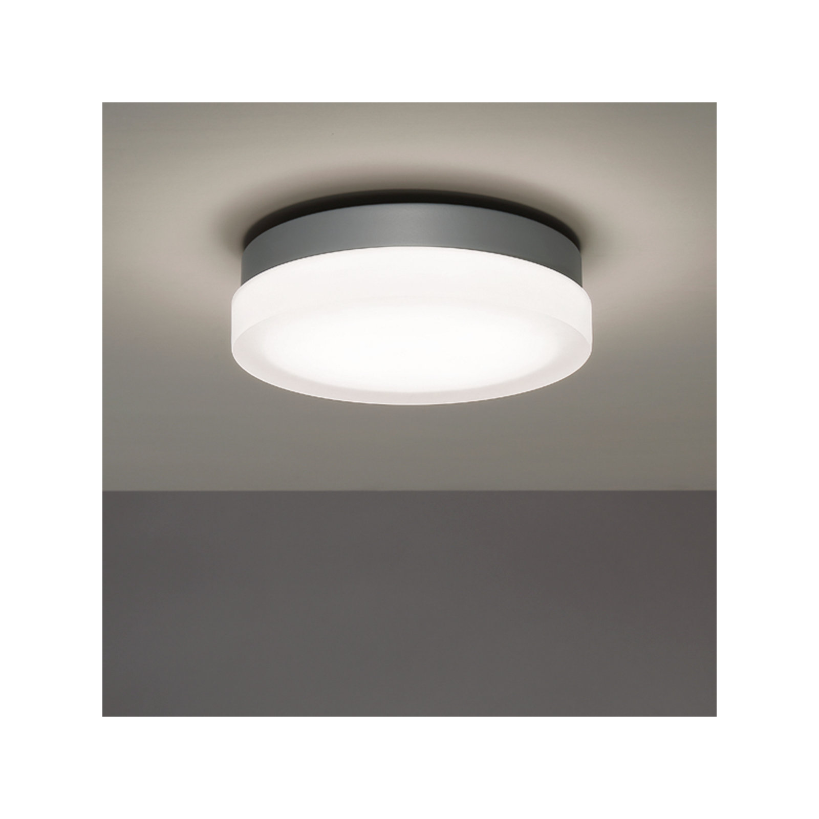 Single Light Glass LED Flush Mount, Titanium, 3500K, 2.5" Hx 14" W x 14" D