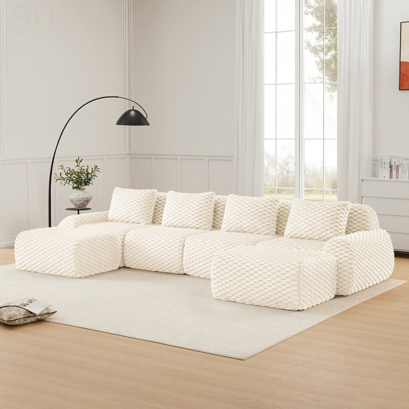 146 Inch Modern U-Shaped Modular Sectional Sofa, Flannelette Fabric, Oversized 4-Seater, Deep Seat, Movable Ottoman, Buckle Connection, Anti-Slip Design, No Assembly Required