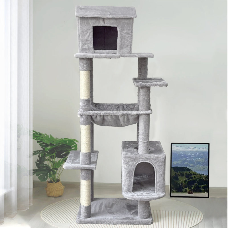 Arbre à chat 63 po multi-niveaux avec poteau à griffer et hamac perchoir en sisal pour chat avec grande cage de chat, Gris