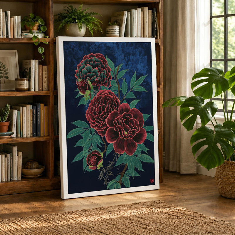 Crimson Peonies in Bloom Botanical - Wrapped Canvas, 36x24 - 91.4 x 61.0 cm, Cream Border