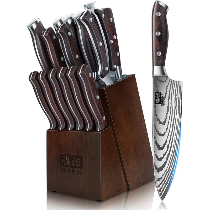 Ensemble de 16 couteaux de cuisine en acier japonais avec bloc - Collection Shan Zu, conception ultra tranchante et ergonomique