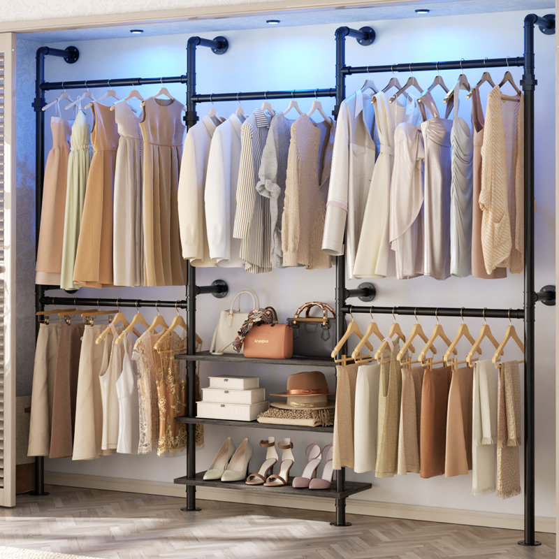Expandable Industrial Pipe Clothing Rack, 7.3-10.9Ft Wall Mounted Closet System, Black