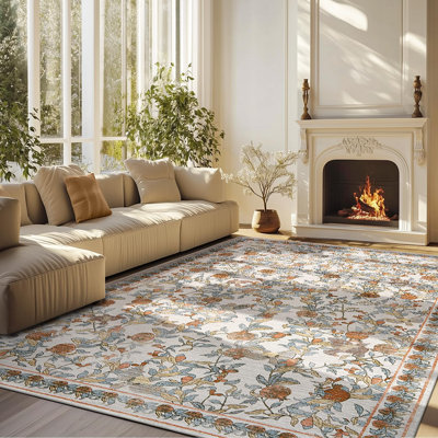 Eden Floral Rug Soft Vintage Fall Decor Washable Non-slip Distressed Orange