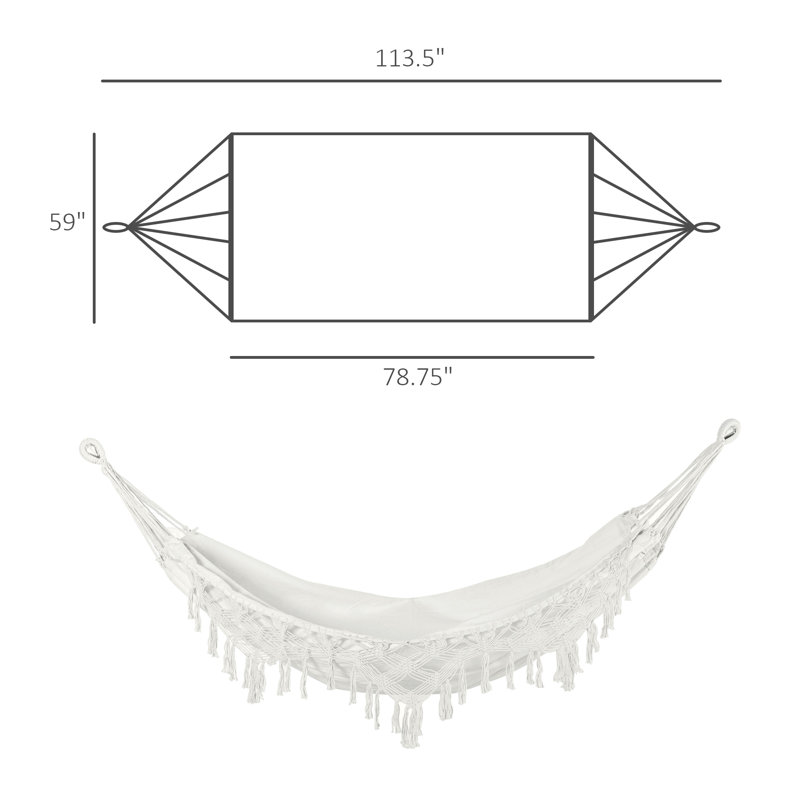 Très grand hamac bohème avec frange en macramé Outsunny, comprend un sac de transport, un hamac intérieur / extérieur pour la véranda, la cour, le camping, blanc
