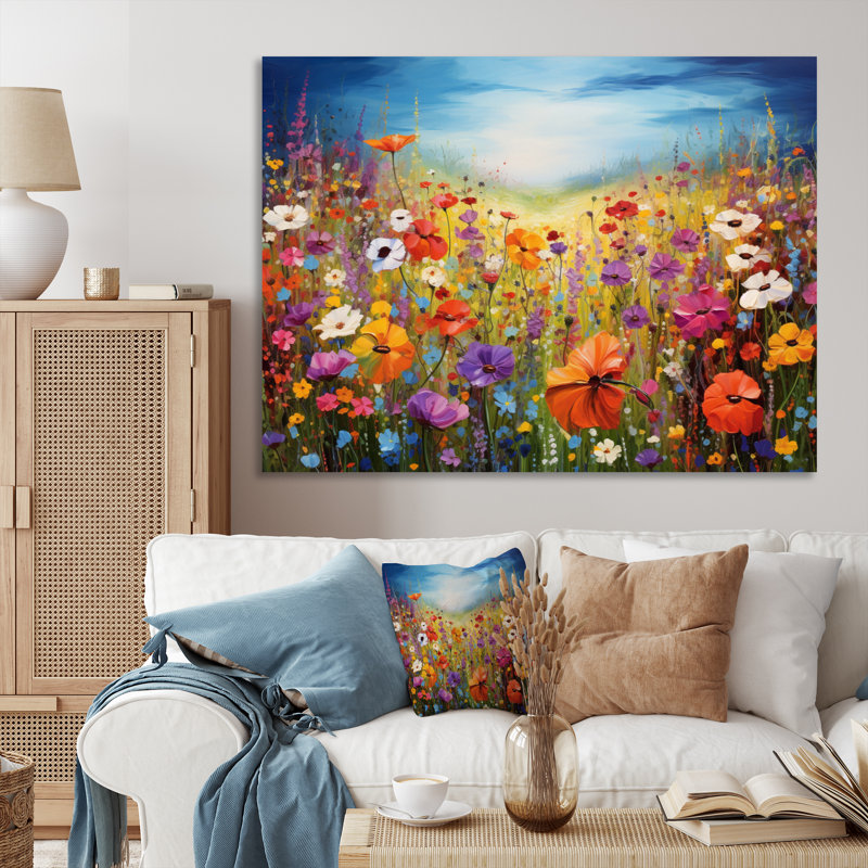 «Colorful Wildflowers Meadow Blooms II», reproduction d'art sur toile, 12" H x 20" W, Gold Picture Framed