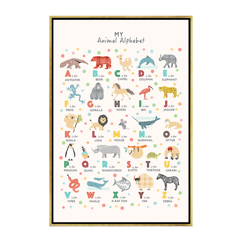 Animal Alphabet - impression d'art graphique, H 60 po x l 40po x P 1,5 po, Pas de tapis, Toile encadrée d'or