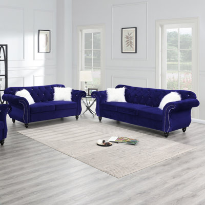 Velvet 3Pc Sofa Set Living Room Furniture Upholstered Sofa Loveseat Chair Crystal Tufted Seat
