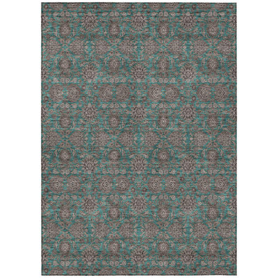 Tapis extérieur lavable floral bleu sarcelle beige et taupe 10 pi x 14 pi