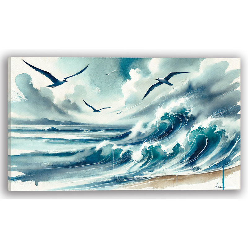 «Soaring Seagulls Over Waves», reproduction d'art sur toile tendue, H 20 po x l 35 po