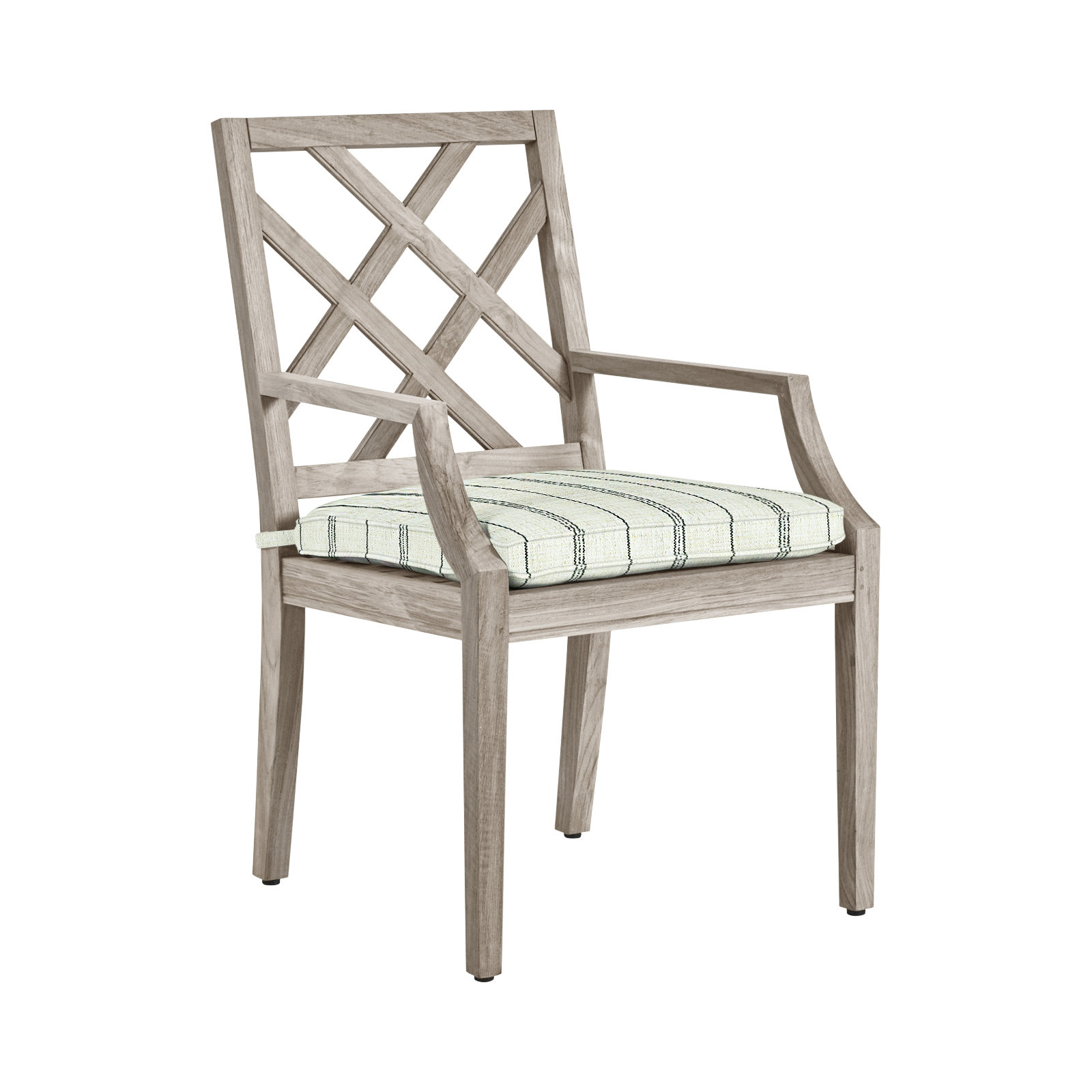 Haley Teak Outdoor Arm Chair Latticework Back, Oyster Teak, Welt, Linen Forest