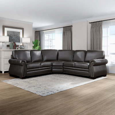 88" W 3-Piece Top-Grain Leather Sectional with Nailhead Trim
