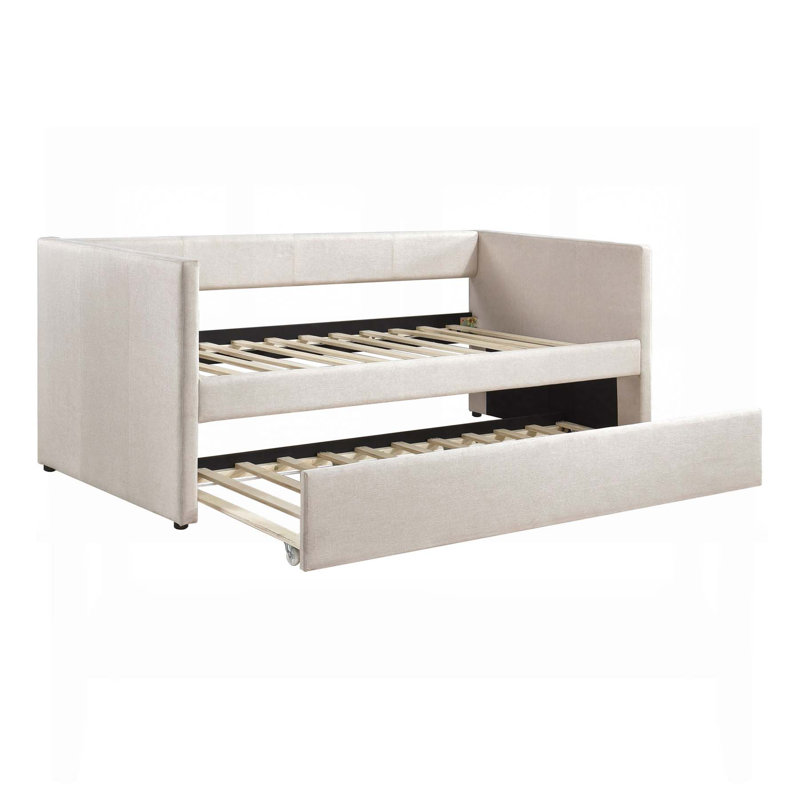 Lit de jour moderne en tissu beige avec couchette, cadre en bois et design polyvalent pour un usage domestique, Beige