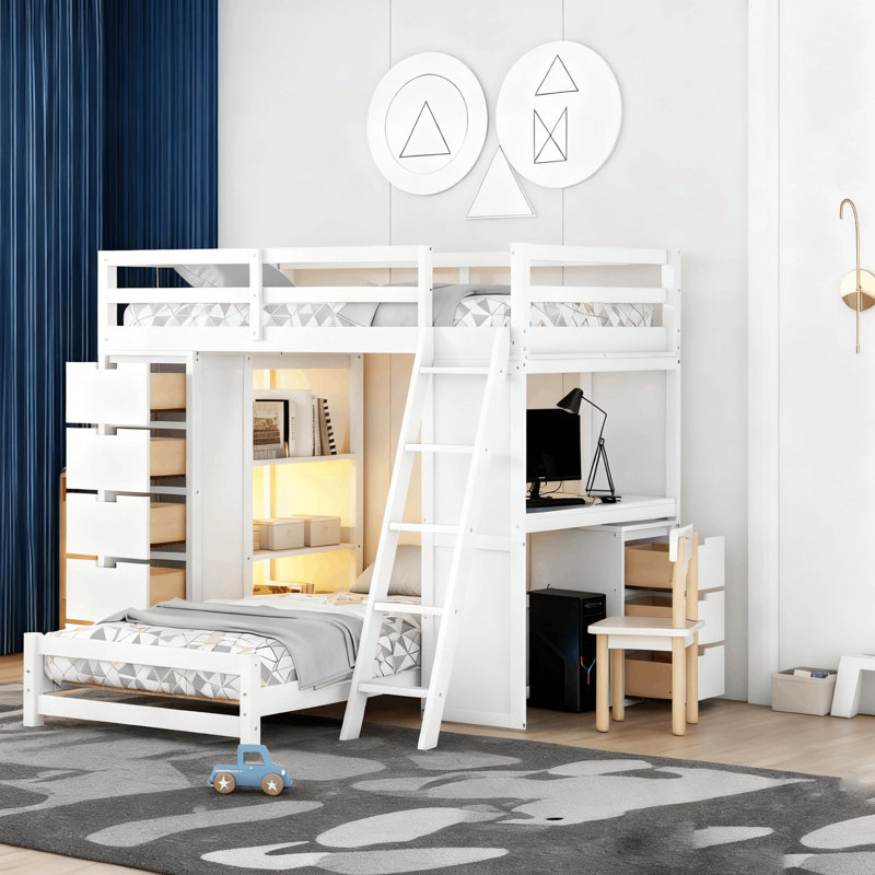 Lit superposé simple au-dessus de simple à 8 tiroirs avec bibliothèque de rangement, bureau éclairé et prises de courant