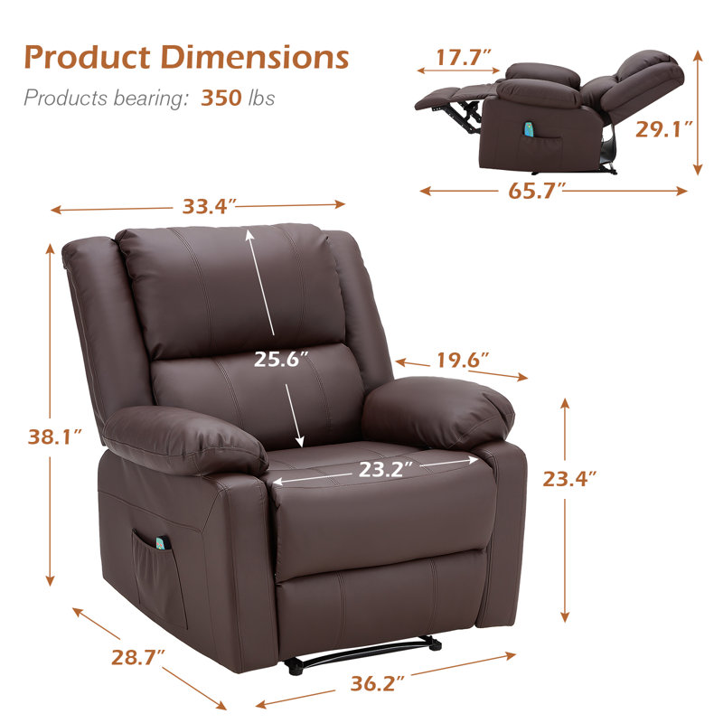 Fauteuil de massage inclinable et chauffant de 36,2 po de largeur, Brun