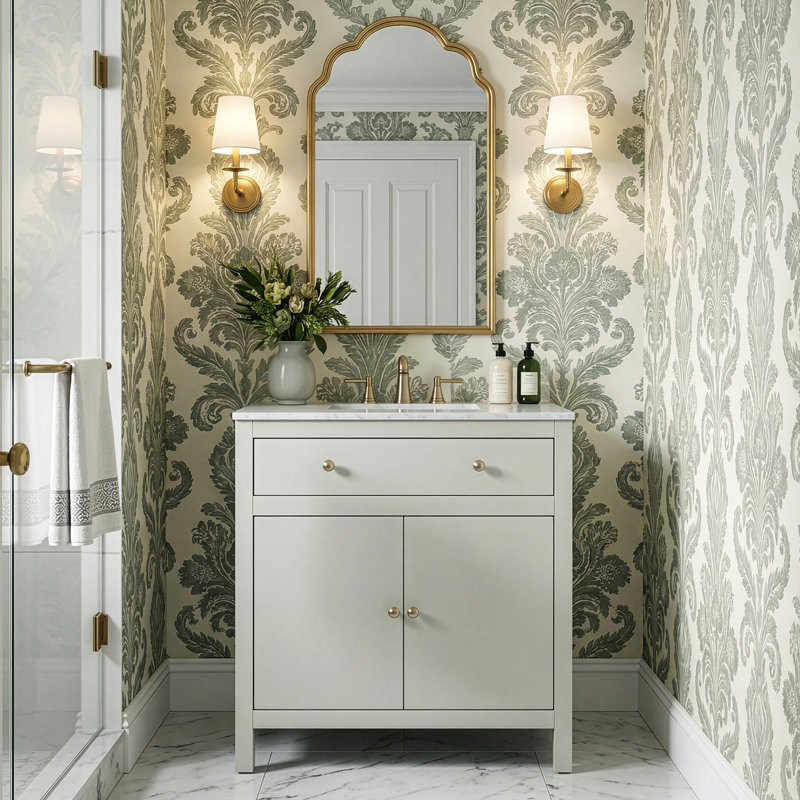 Nora 32 in. W Marble Top Bathroom Vanity, Light Oak Brown, Sage Green