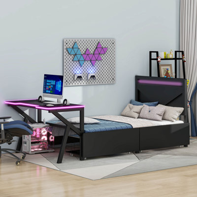 Lit plateforme en métal avec tête de lit à DEL, bureau à DEL, USB et deux tiroirs de rangement