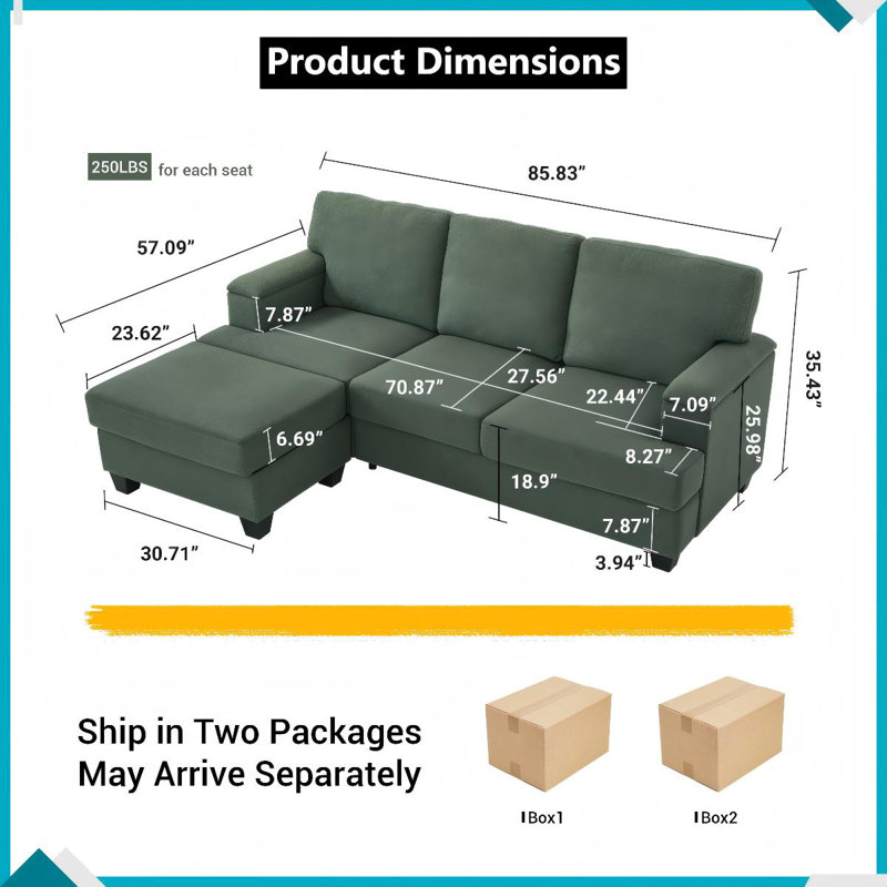 Canapé en L 86 po avec accoudoirs de rangement, repose-pieds et design réversible vert foncé 86 po, Lin vert foncé
