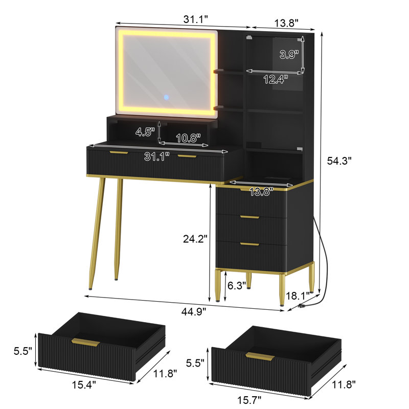 Table de coiffeuse moderne moderne en or noir avec grand miroir lumineux à DEL, prise de courant, tiroirs multiples et tablettes de rangement ouvertes réglables, coiffeuse cannelée de luxe pour la chambre à coucher