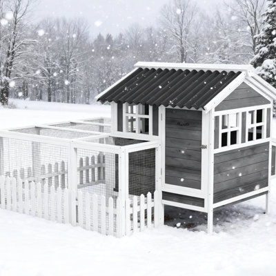 Wooden Chicken House For 3 - 4 Chickens, Elevated Design, Plastic Roof, Metal Mesh, Multiple Doors, Roosting Bars Coop Kit Painted Fir Wood, Openable Removable Tray, Stylish Design