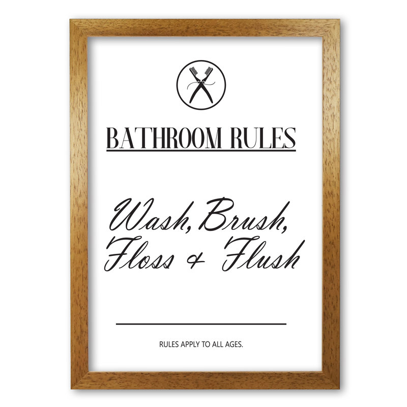 Bathroom Rules - Print, Honey Oak Frame, 42 cm H x 30 cm W x 5 cm D