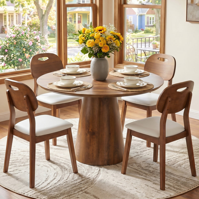 5-Piece Mid-Century Dining Set With 45" Round Pedestal Table And 4 Solid Wood White Faux Leather Chairs, White