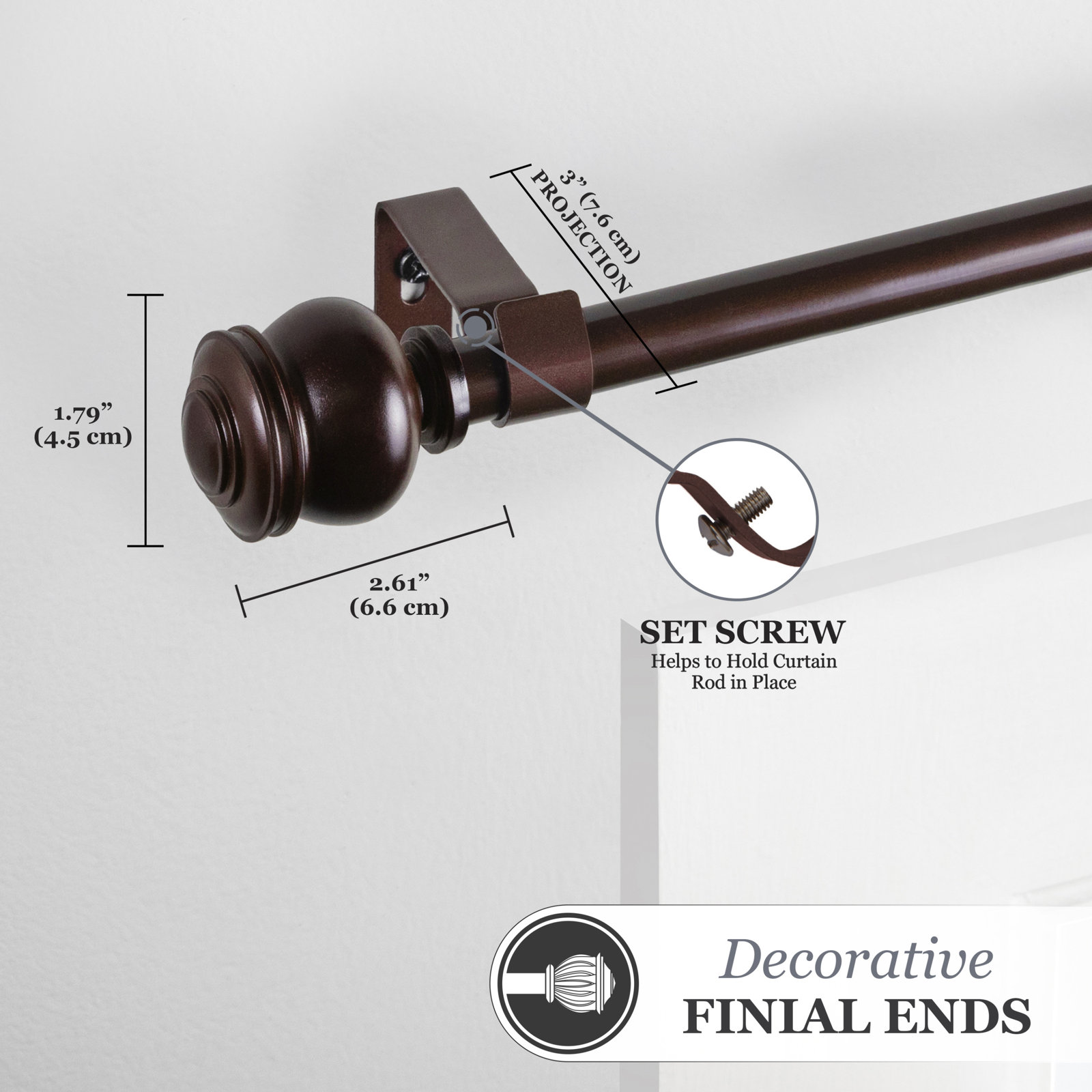 Lowri Glendale 5/8" Standard Decorative Window Curtain Rod, 48'' - 86'', Cocoa