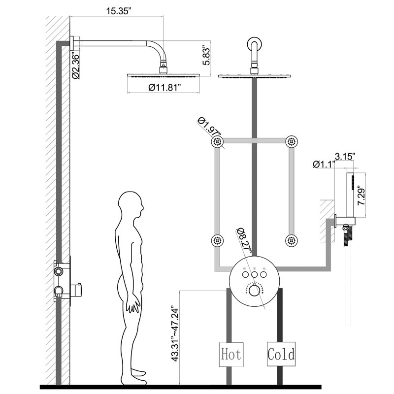 11-4/5" Wall Mounted Thermostatic Shower System With Handheld Spray And Body Jets, Polished Chrome