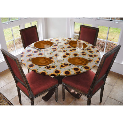 Rosalind Wheeler Deluxe Elastic Edged Flannel Backed Vinyl Fitted Table Cover - Sunflower Pattern - Large Round - Fits Tables Up To 45" - 56" Diameter