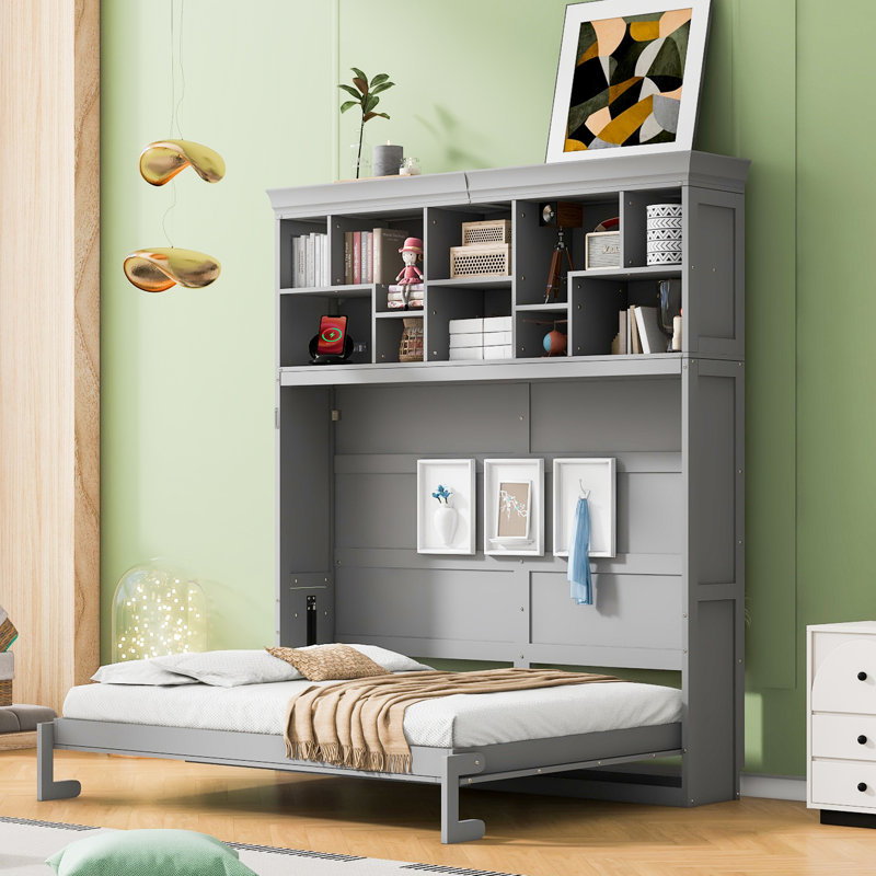  Grand lit escamotable avec tablettes et port USB, armoire murale peu encombrante, gris, gris