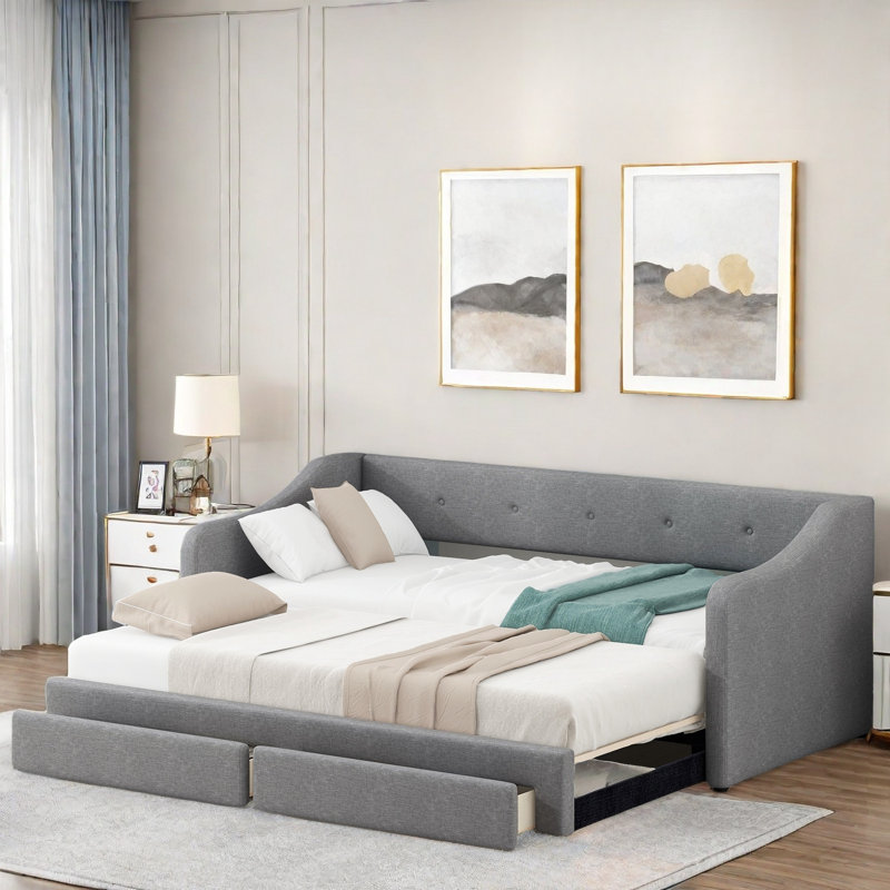 Daybed Twin Xl To King Size Upholstered Daybed With Two Drawers, Gray