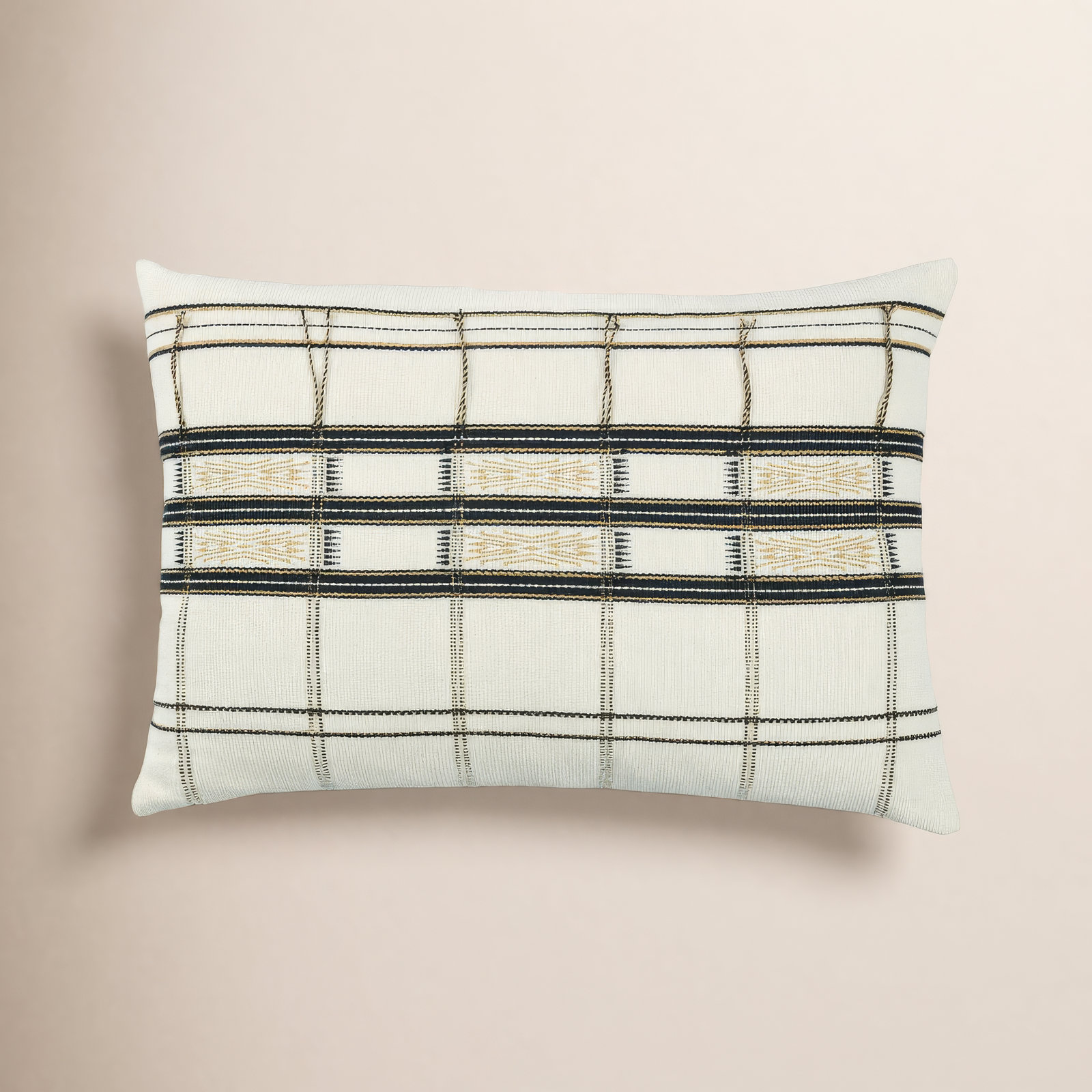 Taren Embroidered Cotton Lumbar Pillow Cover, Polyester/Polyfill, Plaid