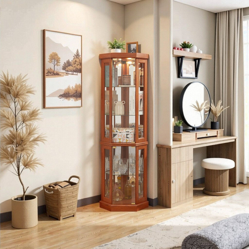 Vitrine de coin avec lumière, tablettes réglables en verre et dossier en miroir