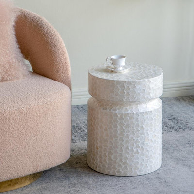 Capiz Cylinder End Table with Geometric Inlay