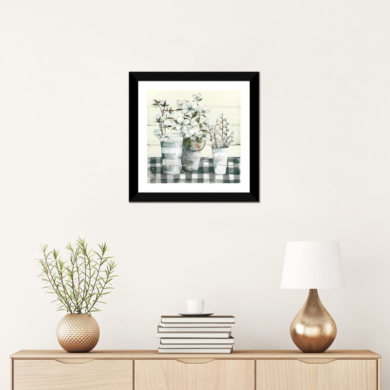« Spring Gingham I » par Carol Robinson, reproduction d’art, H 16 po x l 16 po x p 1 po, Papier encadré noir, Blanc