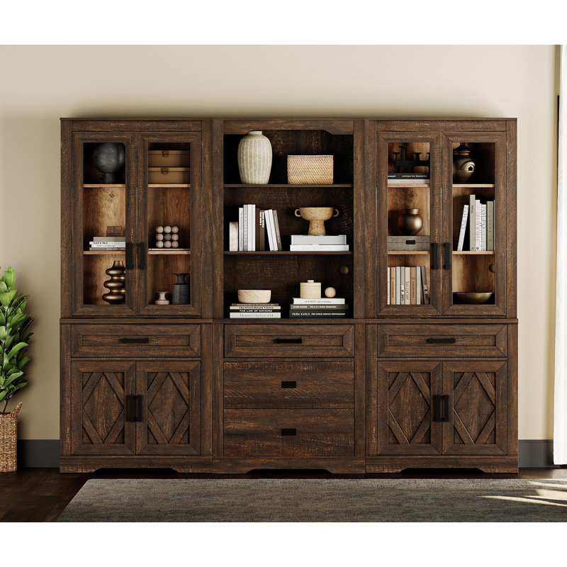 3 Column Bookshelf Set,5 Tier Book Shelf With Open Storage And Glass Doors,73"H Tall Wood Bookcase With Storage Cabinet And Drawers For Study,Bedroom,Living Room,Espresso