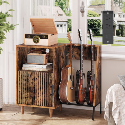 Multifunctional Guitar and Turntable Stand with Built-In Power Outlet, Solid Hardwood Record Storage Cabinet for Audio System, Speakers, and Accessories, for Living Room