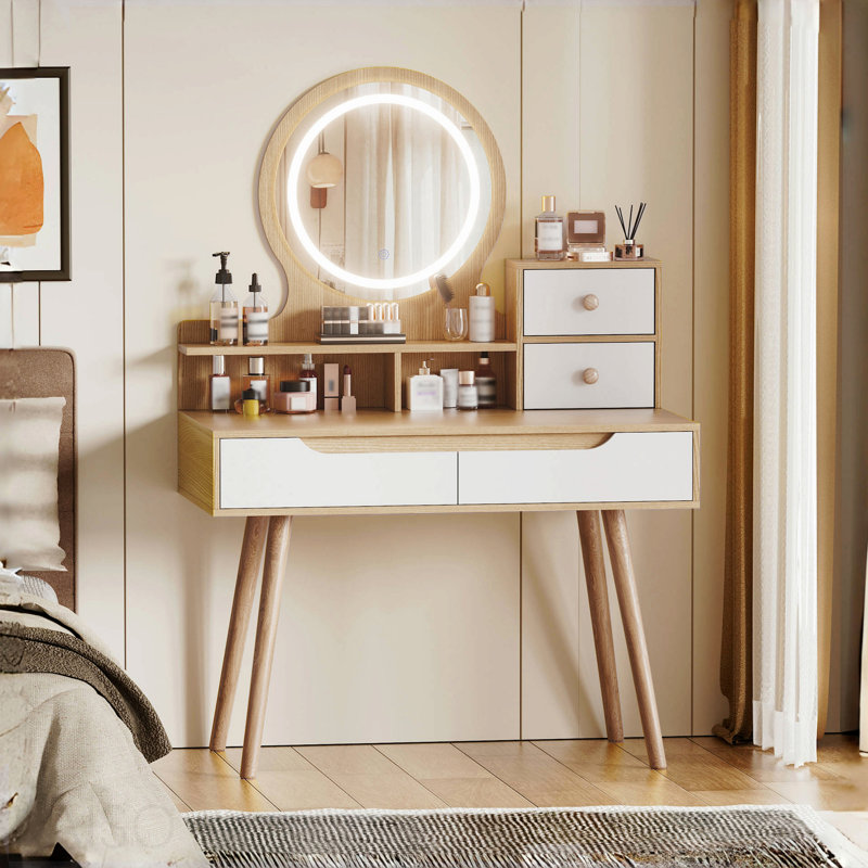 Ensemble de coiffeuse avec 3 miroirs lumineux réglables avec pieds de table en bois massif, ensemble de coiffeuse avec 4 tiroirs et 3 tablettes ouvertes pour les petits espaces