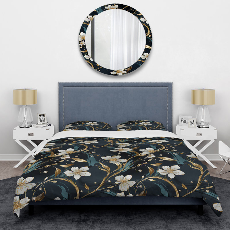 Ensemble de housse de couette à motif floral riche en émeraude et or, Housse de couette pour grand lit et 2 taies décor