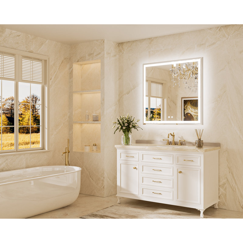 Beveled Front & Back LED Bathroom Vanity Mirror Dimmable Anti-Fog Tempered Glass, Square, 36" x 36"