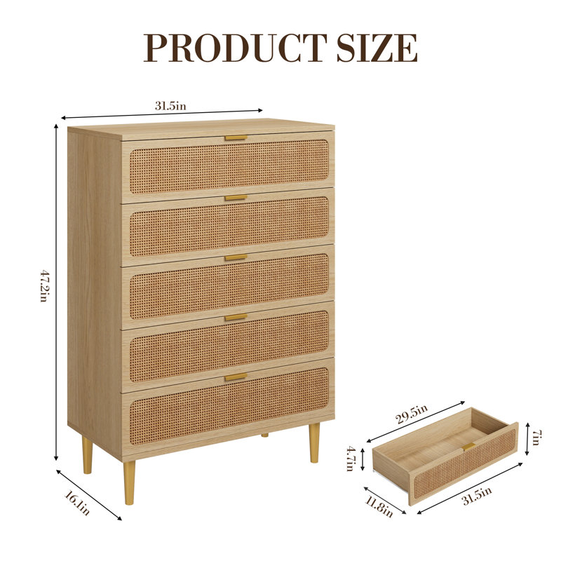 Commode en rotin de bois naturel avec 5 tiroirs profonds, armoire de rangement en panneau de fibres à densité moyenne
