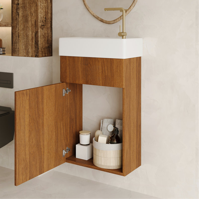 Meuble-lavabo flottant de 16,5 po avec lavabo intégré en céramique et rangement - parfait pour les petites salles de bain