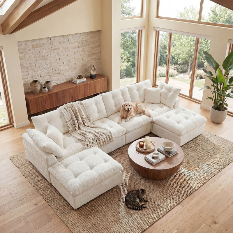 142" Cloud Sectional Couches L-Shaped Modular Boneless Chenille Sofa Couches With 2 Deep Seat Ottoman And Side Pockets, Module Combination For Living Room 4 Seater
