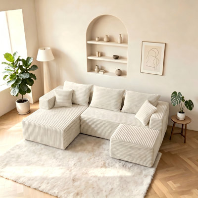 92.4" Boneless Couch, Cloud Couch Sectional, Corduroy Sofa For Living Room, U Shaped Modular Sofa With Chaise, No Assembly Left Be.with 1 Ottomans