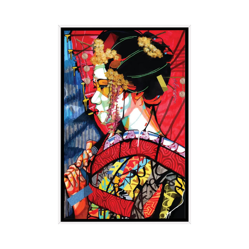 American Geisha - impression d'art graphique, H 26 po x l 40 po x 1,5 po, Toile blanche encadrée, Pas de tapis