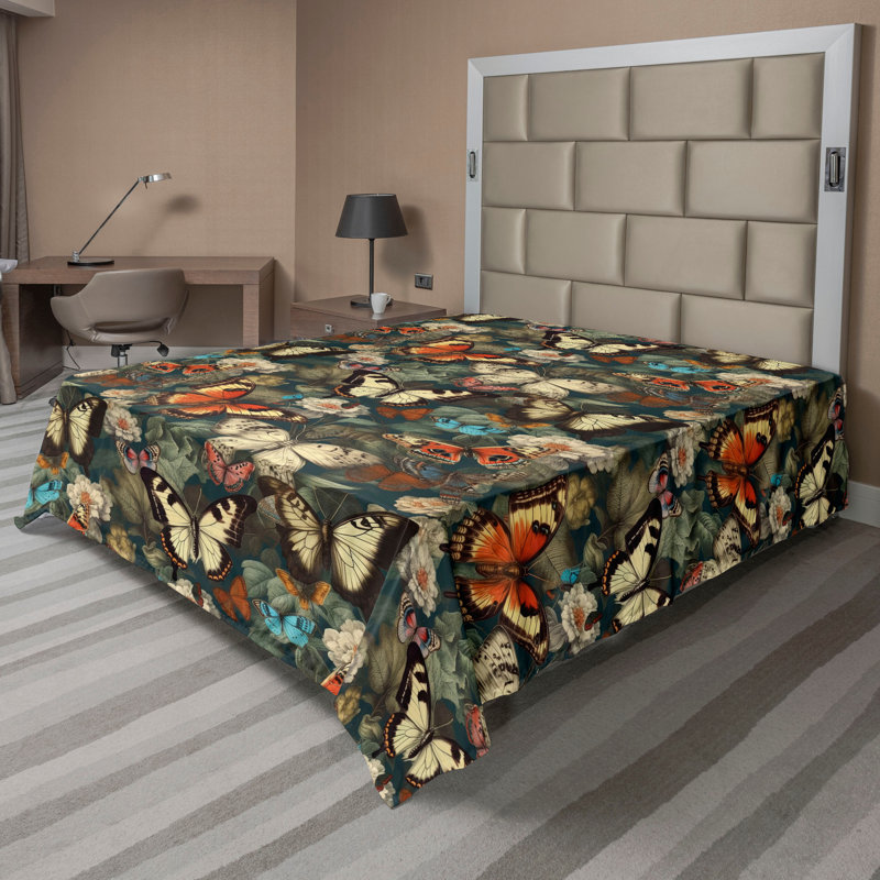 Ambesonne, drap plat printanier, art floral, orange brûlé et écume de mer, Drap plat grand