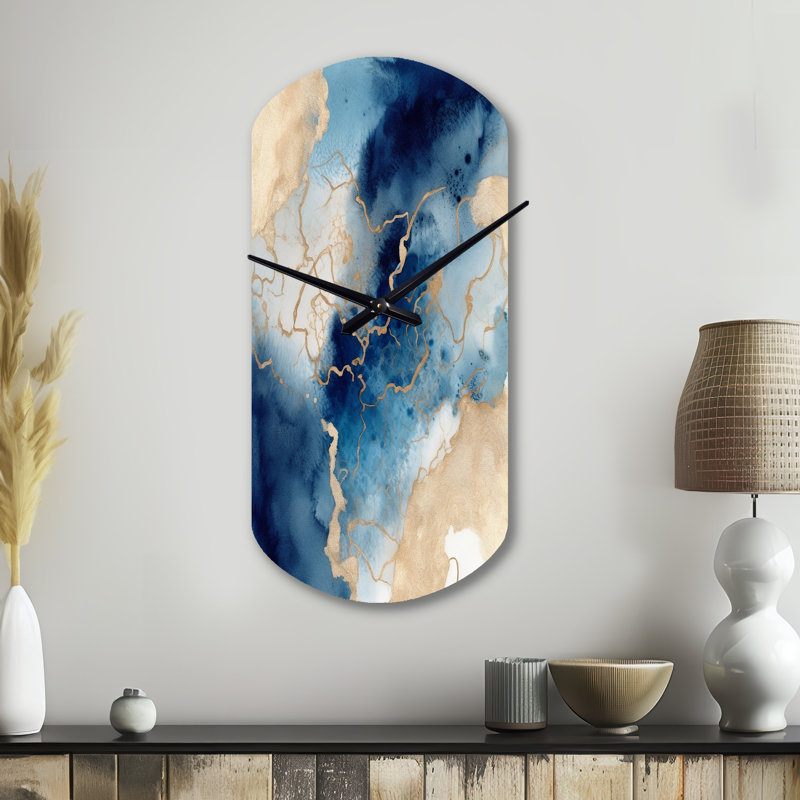 Blue And Gold Marble Clouds VIII - Cylinder Shape Unique Fractals Wall Clock, Small