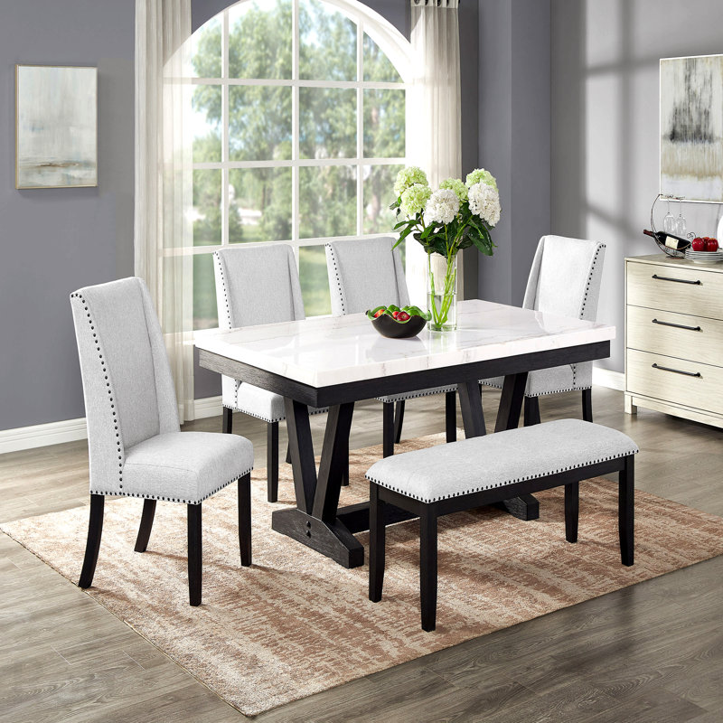 1 table de salle à manger moderne transitionnelle formelle en marbre véritable blanc avec plateau en tréteaux et pieds en bois noir